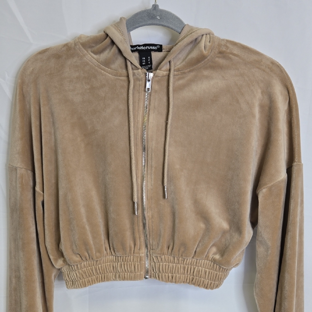 Charlotte Russe Zip Up Cropped Hoodie, Tan, Y2k Athleisure Loungewear Small‎